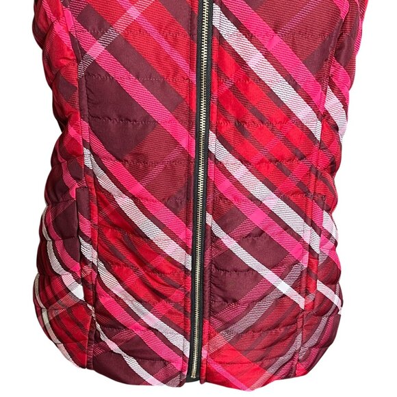 Chico's Plaid Puffer Vest 0 Small Removable Faux Fur Collar Red Holiday Zip Vest - Picture 8 of 11